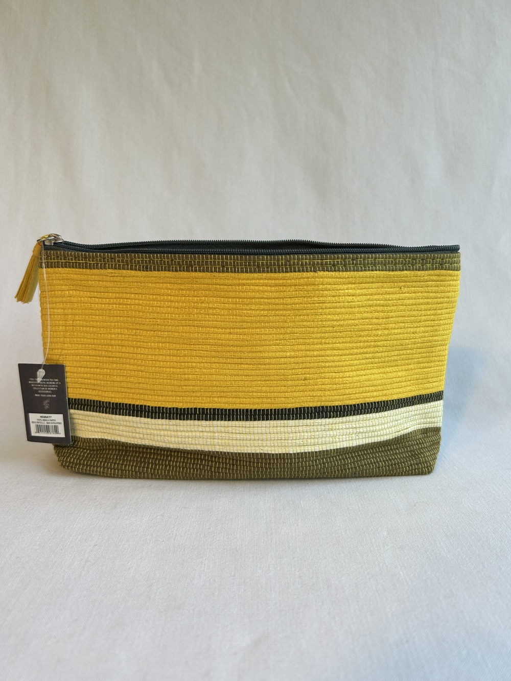 OSM Clutch Bag Womens Yellow Olive Green Zippered Abaca Paper Woven Stripe New